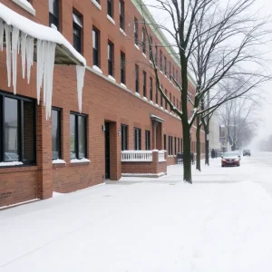 Snowy scene showing closed Detroit schools during winter weather