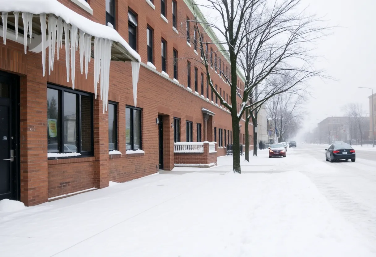 Snowy scene showing closed Detroit schools during winter weather