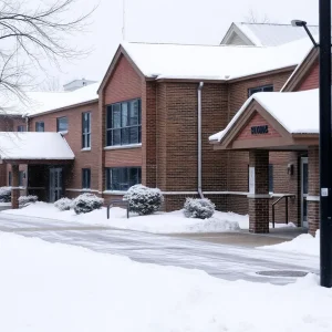 School building in Detroit covered in snow during winter weather advisory.