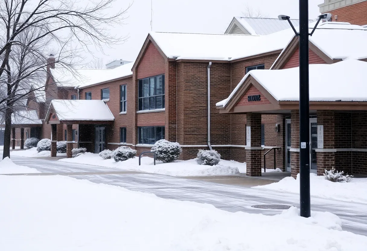 School building in Detroit covered in snow during winter weather advisory.