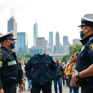 Police officers interacting with the community against the backdrop of Detroit skyline.