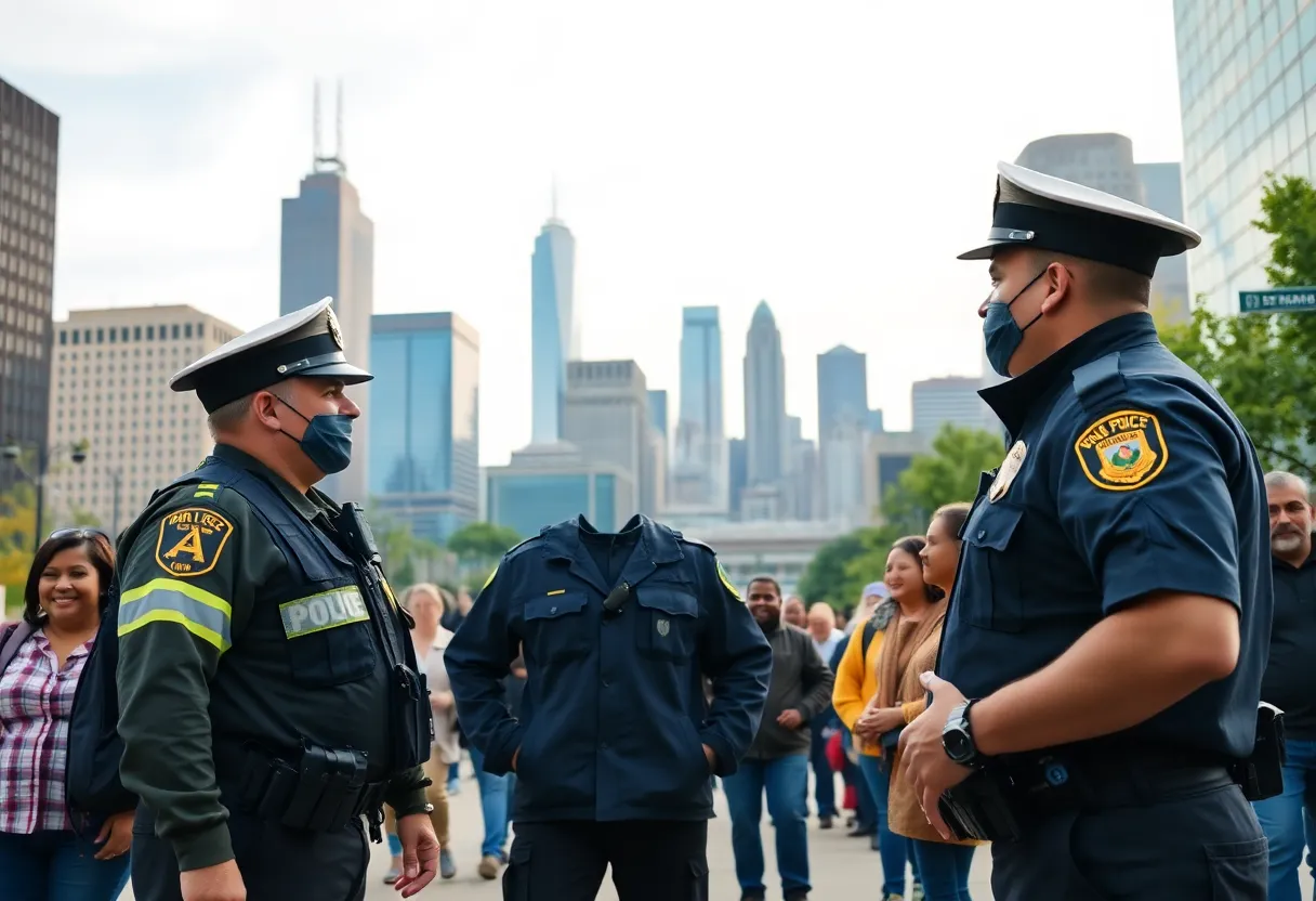 Police officers interacting with the community against the backdrop of Detroit skyline.
