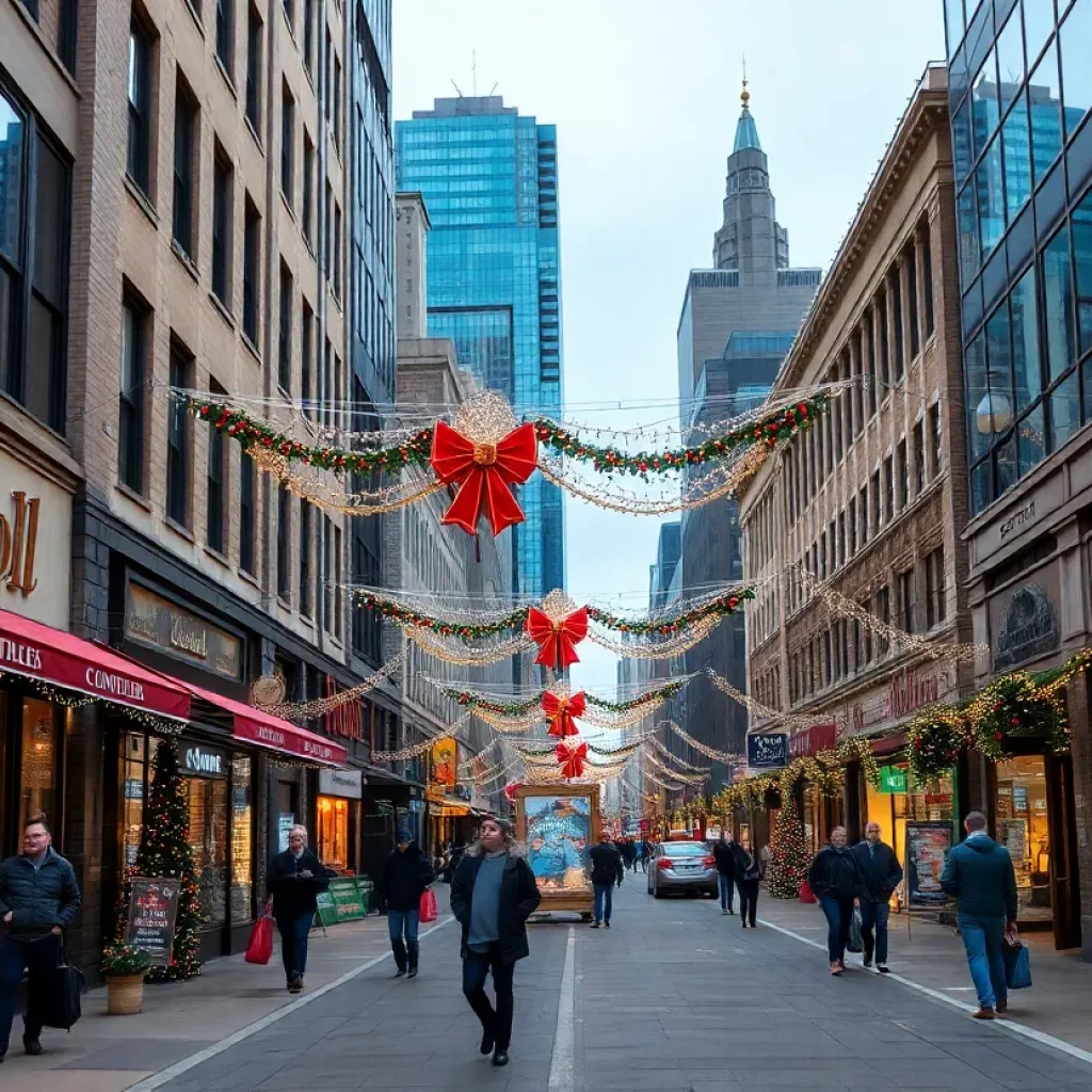 Downtown Detroit festive shopping scene during holiday season