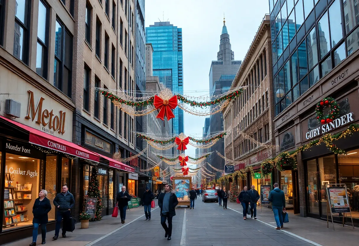 Downtown Detroit festive shopping scene during holiday season
