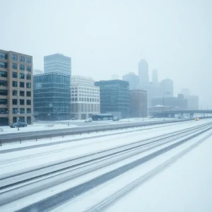 Snow-covered Detroit city skyline during a winter storm