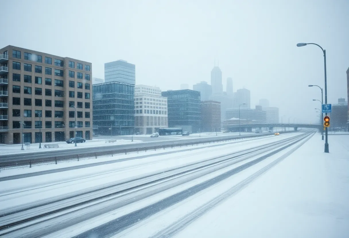 Snow-covered Detroit city skyline during a winter storm