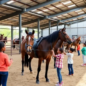 Rendering of the Detroit Urban Equestrian Center with children and horses