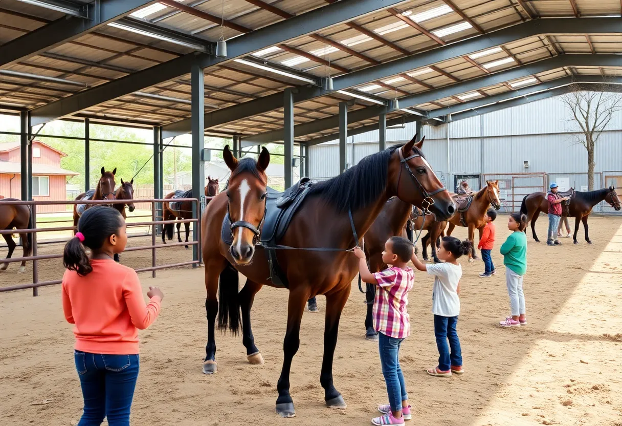 Rendering of the Detroit Urban Equestrian Center with children and horses