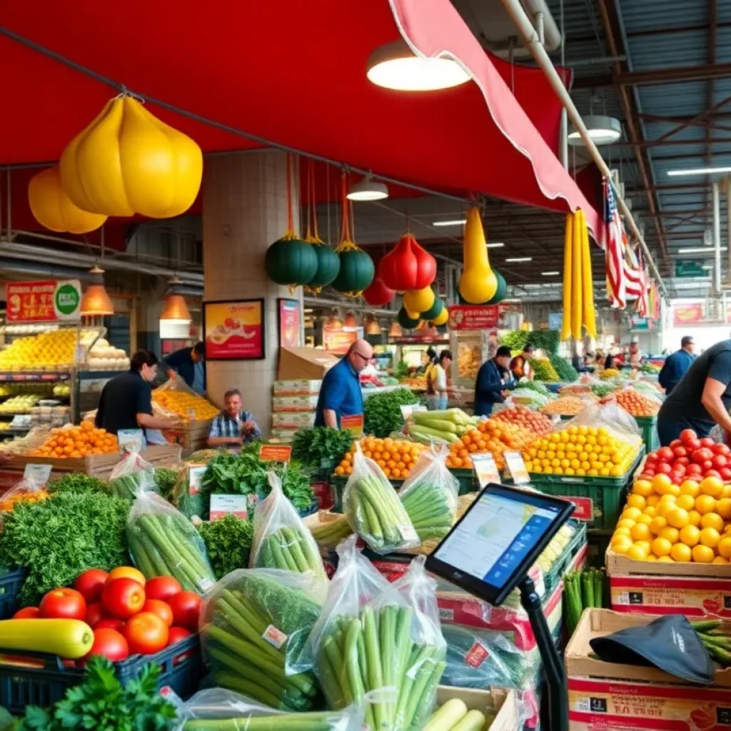 Fresh produce being packaged by Detroit wholesalers in a busy marketplace.