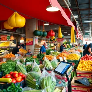 Fresh produce being packaged by Detroit wholesalers in a busy marketplace.
