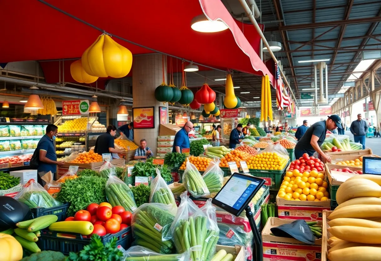 Fresh produce being packaged by Detroit wholesalers in a busy marketplace.