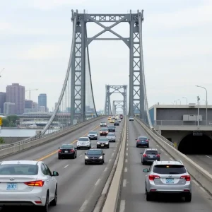 Ambassador Bridge and Detroit-Windsor Tunnel landscape with vehicles