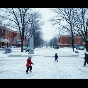 Snowy Detroit scene with closed schools