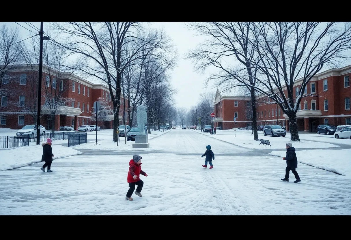 Snowy Detroit scene with closed schools