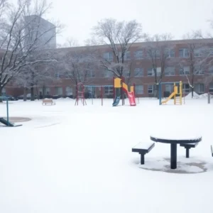 Snow-covered playground indicating school closures in Detroit due to winter weather.