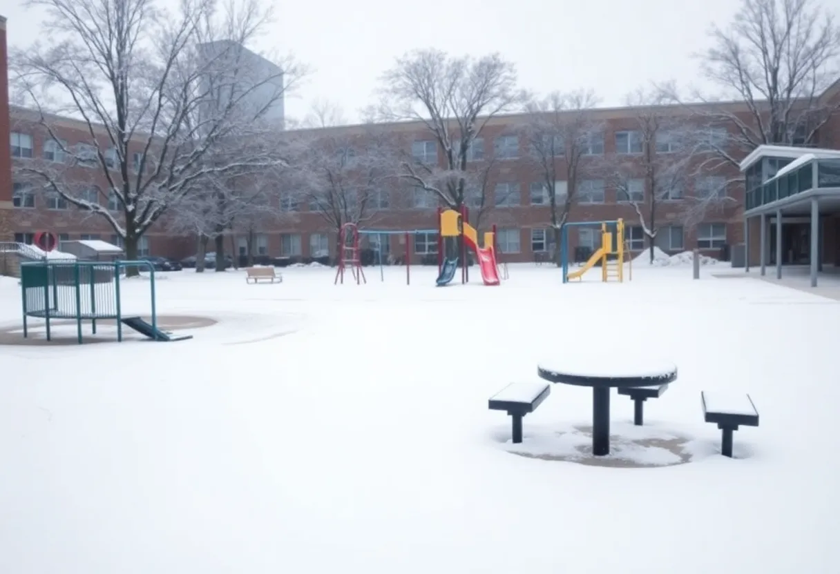 Snow-covered playground indicating school closures in Detroit due to winter weather.