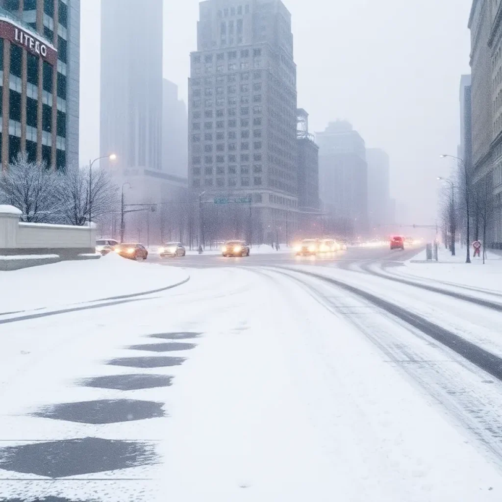Snow and strong winds in Detroit during a winter storm