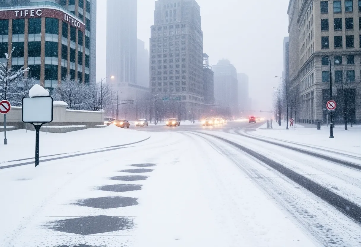 Snow and strong winds in Detroit during a winter storm
