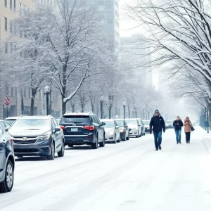 Snow-covered Detroit street during winter storm