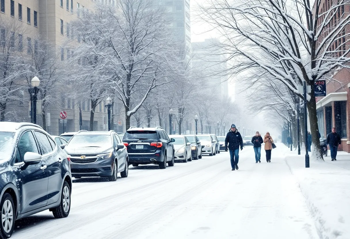 Snow-covered Detroit street during winter storm