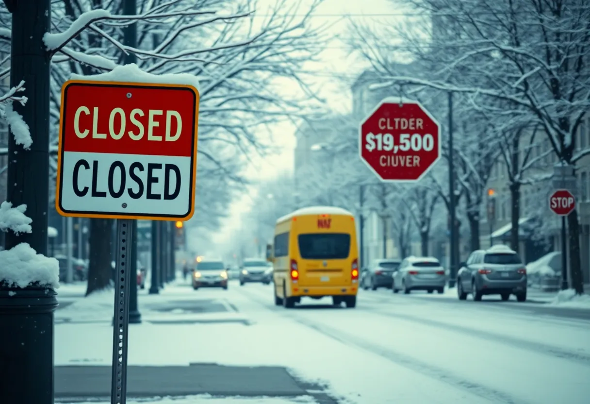 Snow-covered street in Detroit with closed school signs during winter weather
