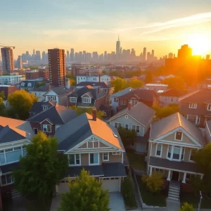 Urban landscape of Detroit showcasing neighborhoods and homes during sunrise