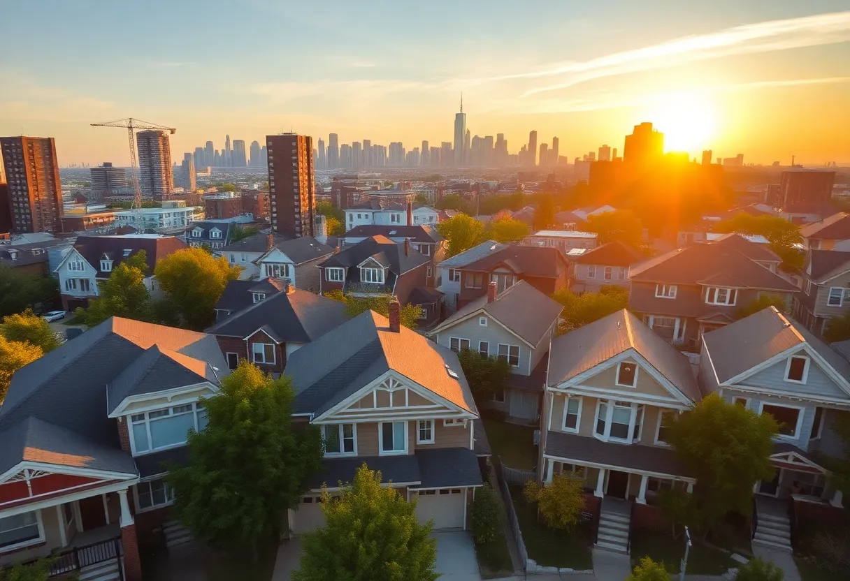 Urban landscape of Detroit showcasing neighborhoods and homes during sunrise