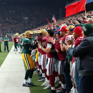 NFL game scene with a player and fan interaction