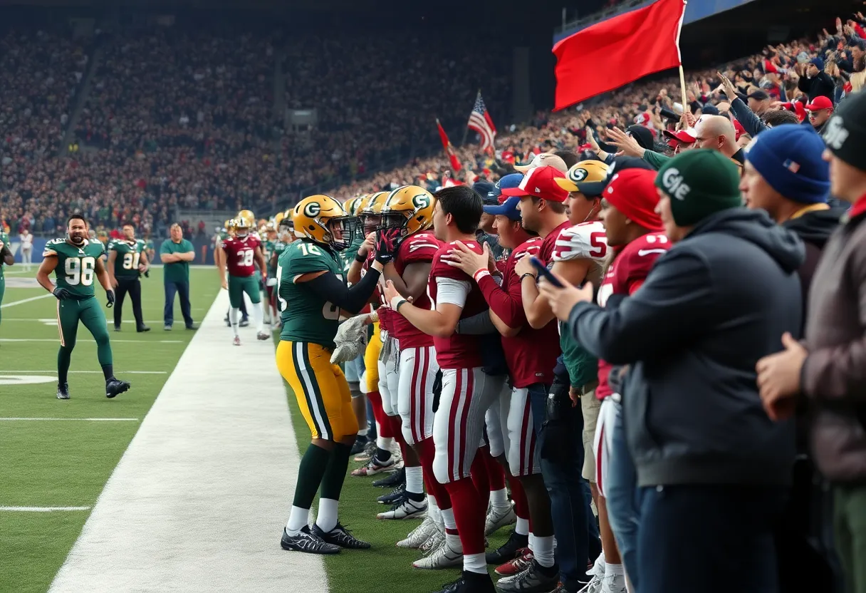 NFL game scene with a player and fan interaction