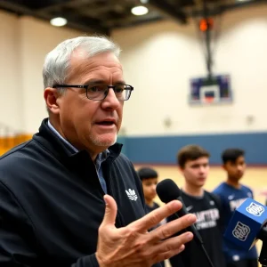 Basketball coach at press conference addressing trade rumors