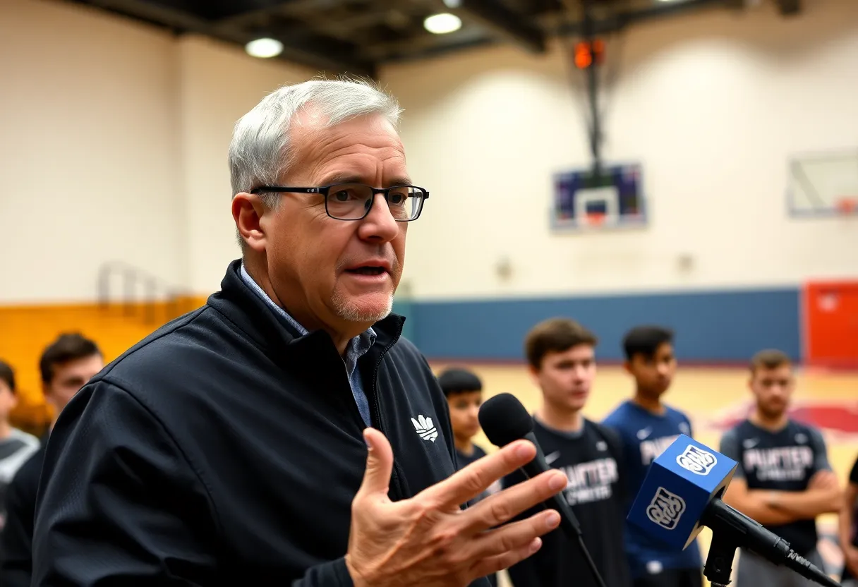 Basketball coach at press conference addressing trade rumors