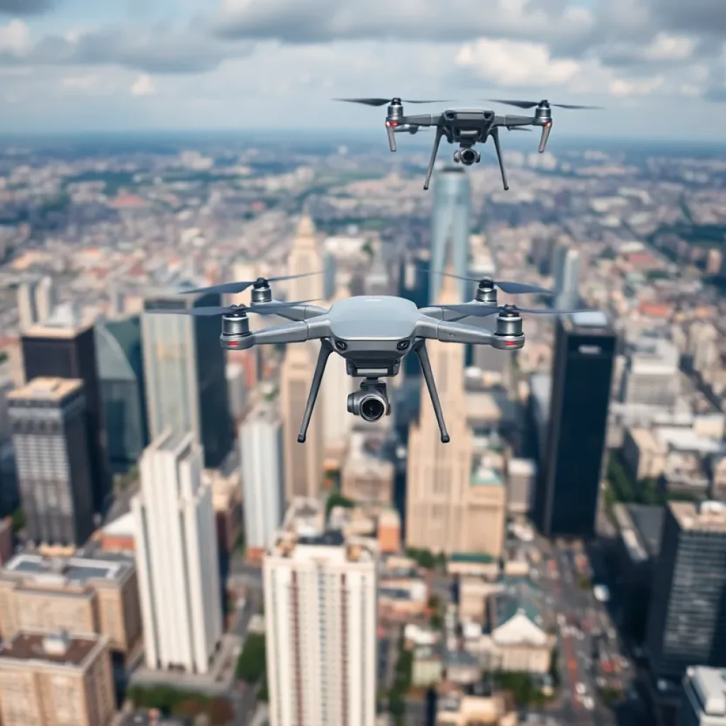 Drones flying over a modern city skyline depicting technology and security.