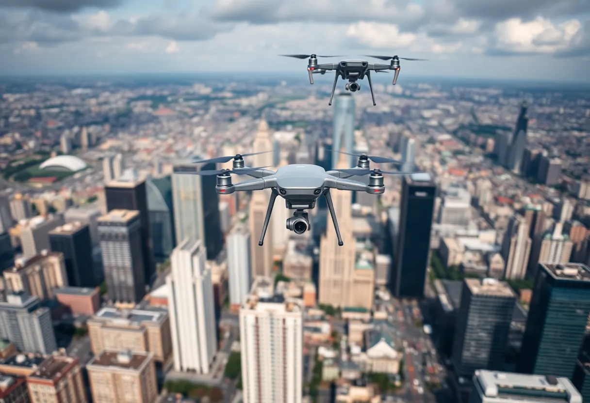 Drones flying over a modern city skyline depicting technology and security.