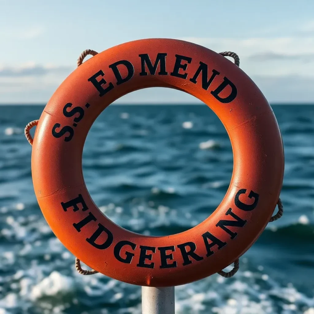 Life ring from the S.S. Edmund Fitzgerald displayed on a beach