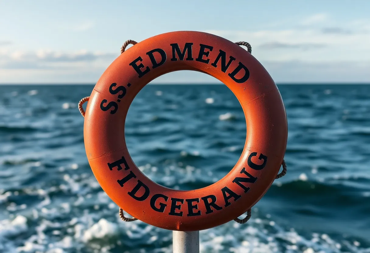 Life ring from the S.S. Edmund Fitzgerald displayed on a beach