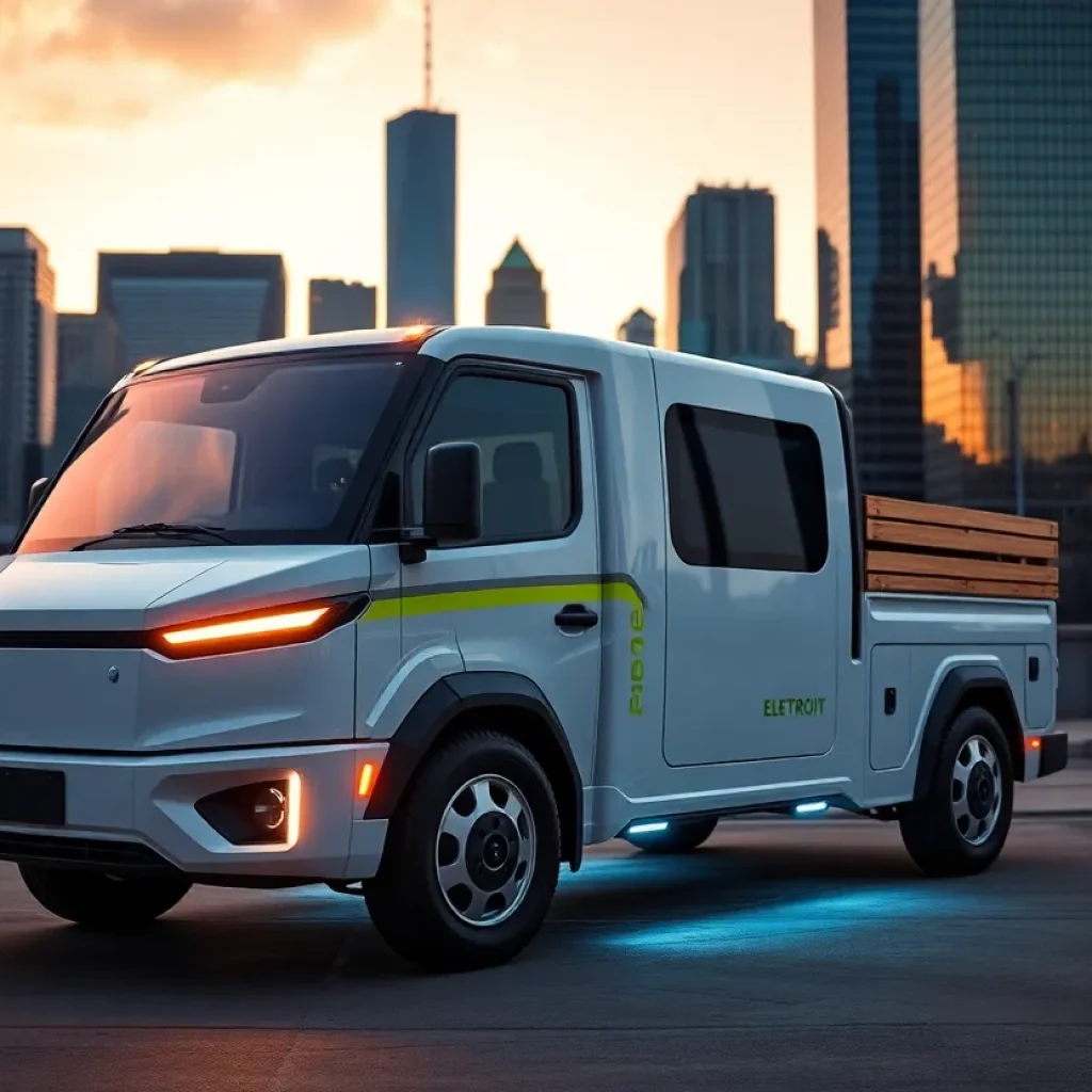 Electric work truck operating in Detroit city