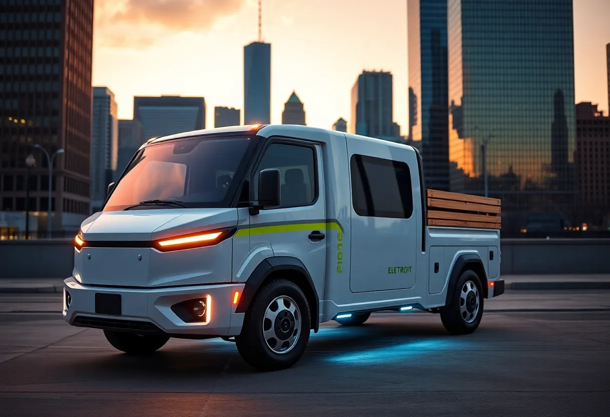 Electric work truck operating in Detroit city