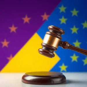 Abstract representation of digital regulation with EU flag and social media icons