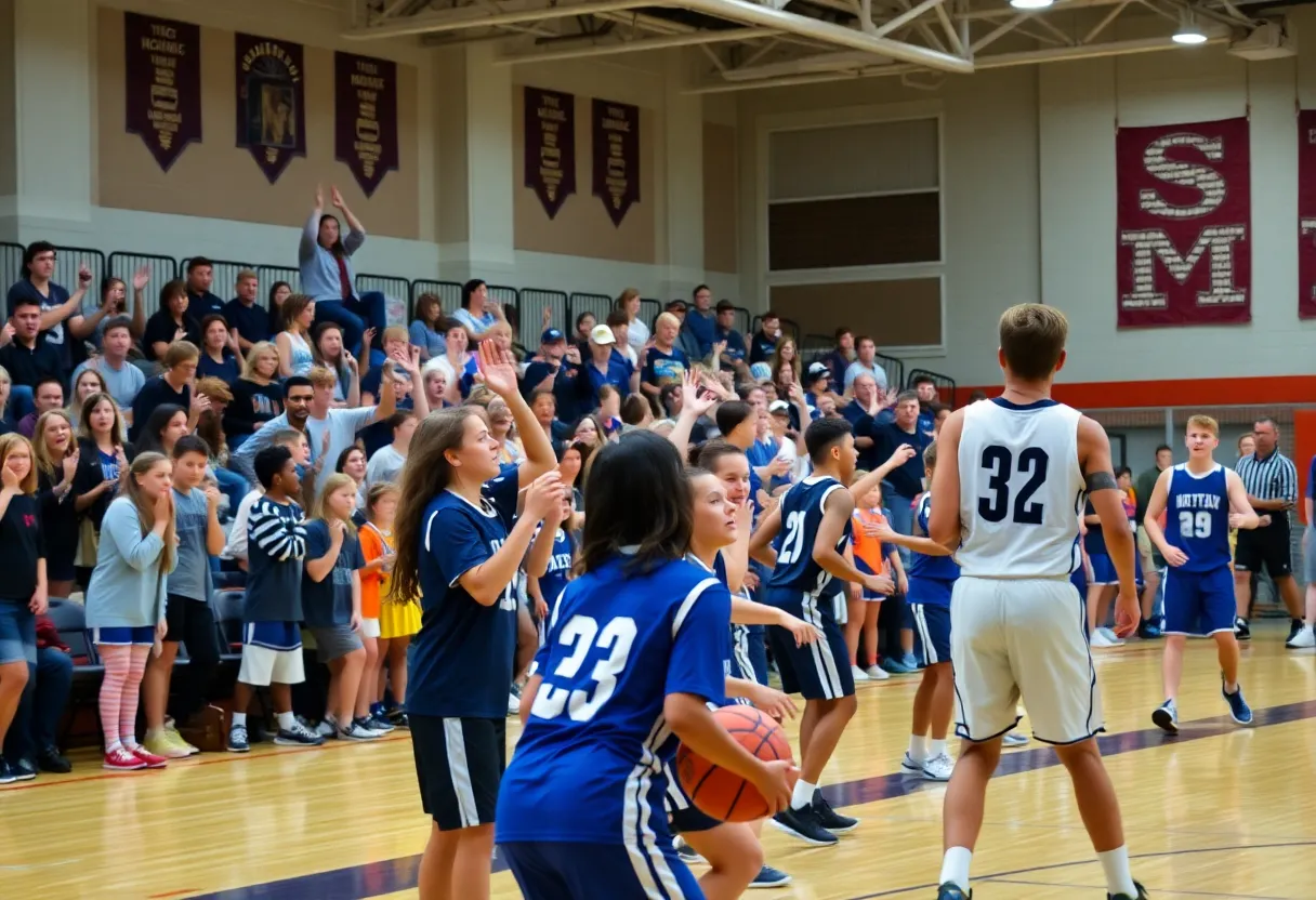 Ferndale High School basketball game with fans cheering.