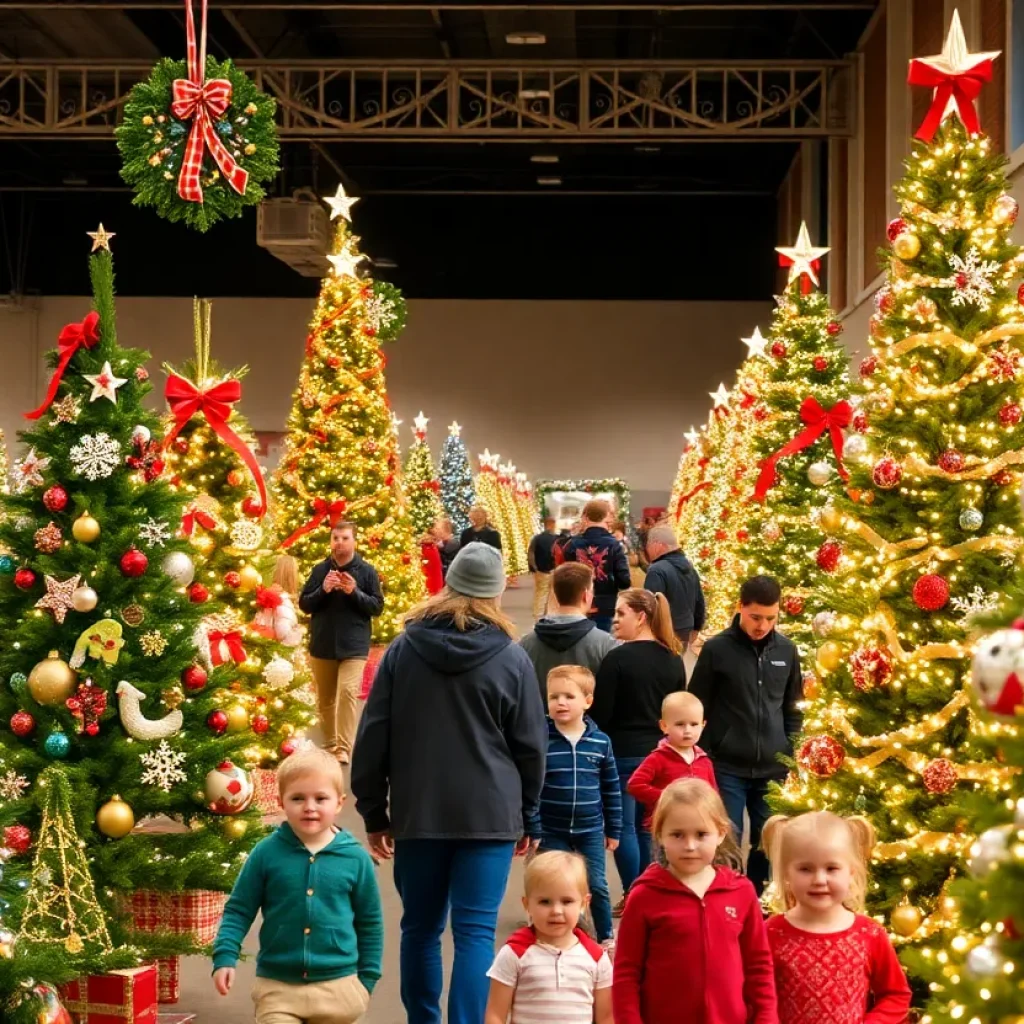 Decorated trees and families enjoying the Festival of Trees event in Michigan