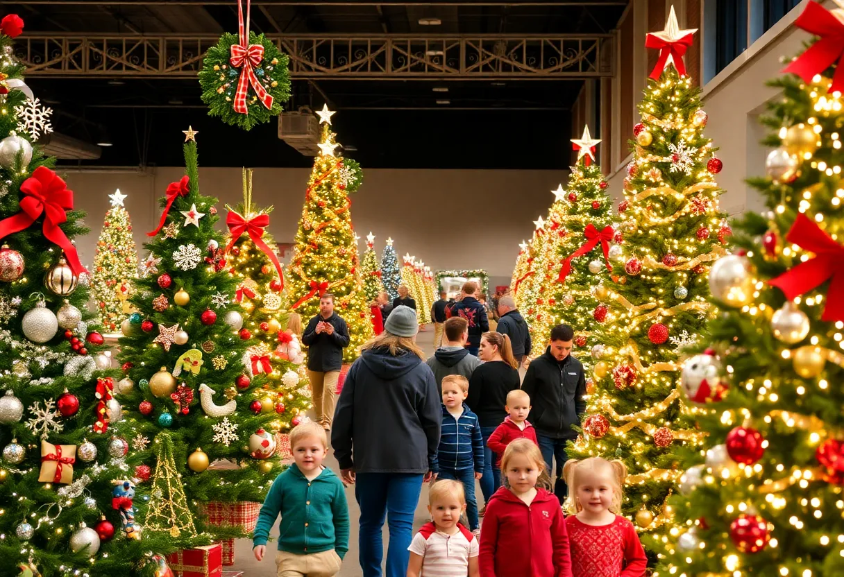 Decorated trees and families enjoying the Festival of Trees event in Michigan