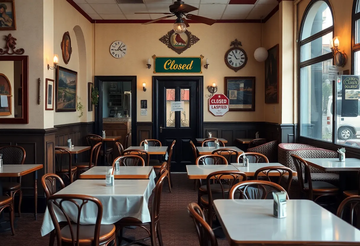 Interior of an Italian restaurant with a closed sign