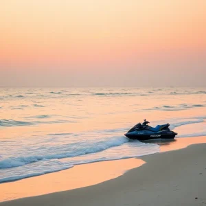 Sunset view of a Florida beach with a jet ski.