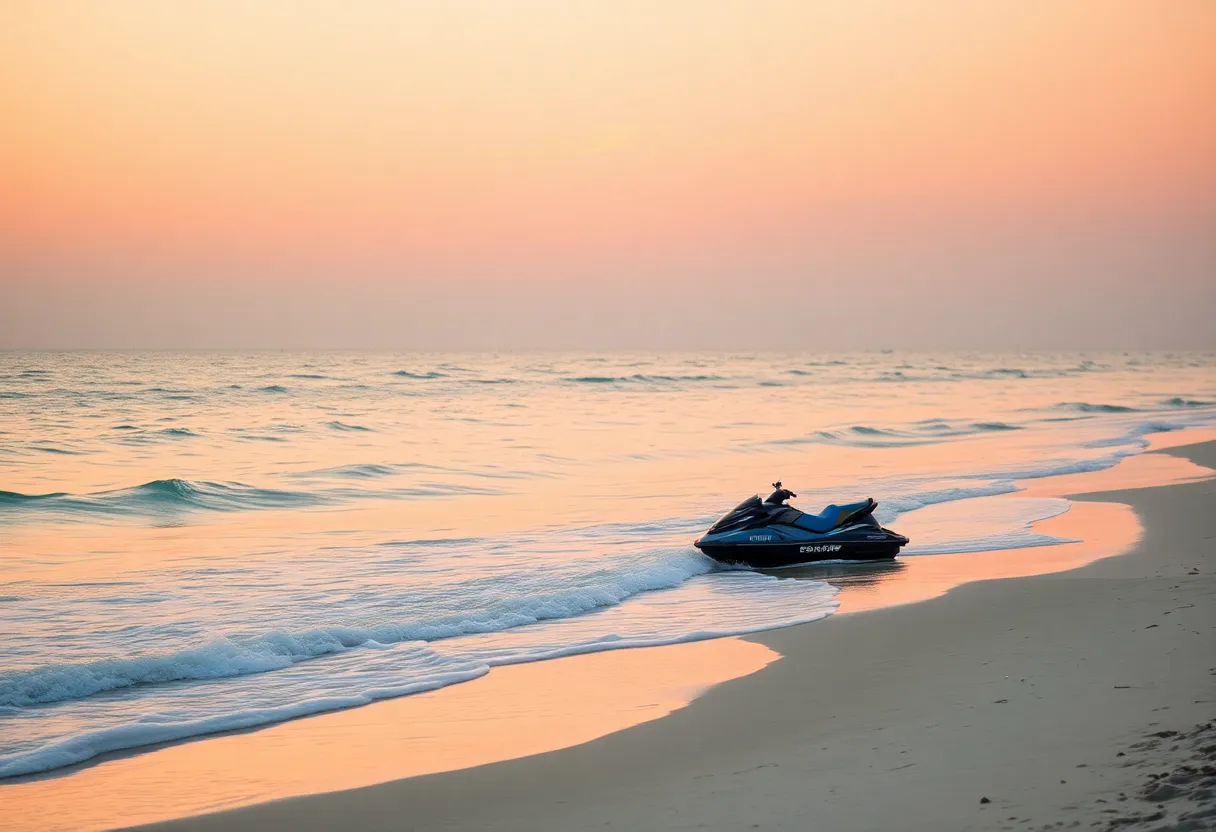 Sunset view of a Florida beach with a jet ski.
