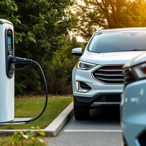 A Ford electric vehicle at a charging station