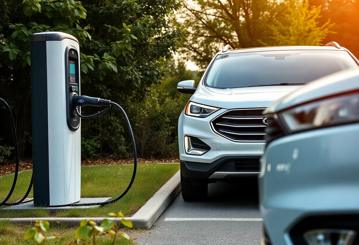 A Ford electric vehicle at a charging station