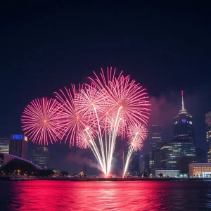 Fireworks illuminating the Detroit River with the Hudsons Detroit building in the background