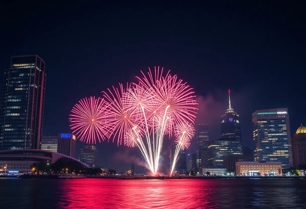 Fireworks illuminating the Detroit River with the Hudsons Detroit building in the background