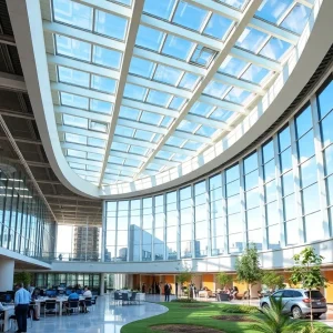 Exterior view of Ford's new headquarters with modern design