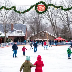 Families ice skating at Frankenmuth Ice Rink in a winter setting
